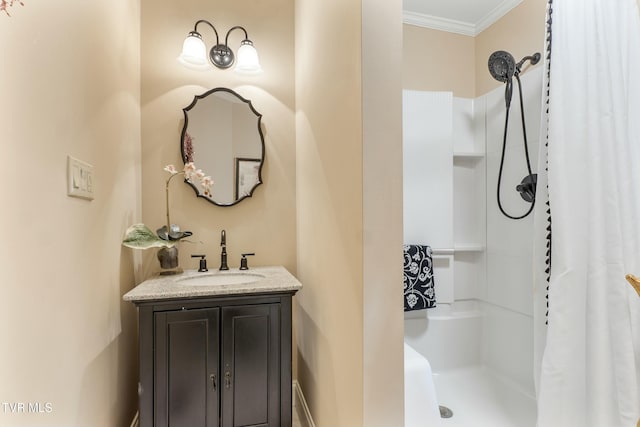 bathroom with vanity, ornamental molding, and a shower stall