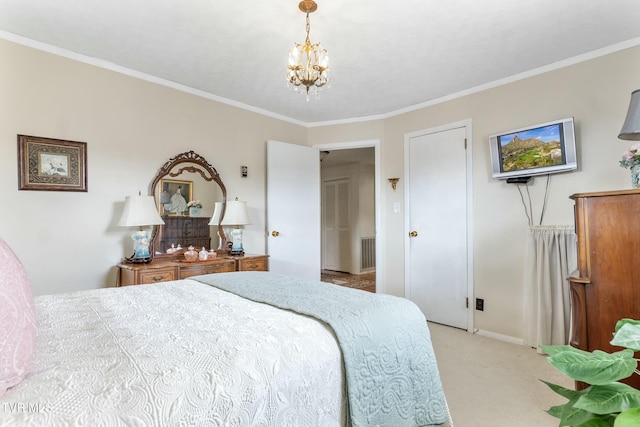 bedroom featuring baseboards, light carpet, a chandelier, and crown molding