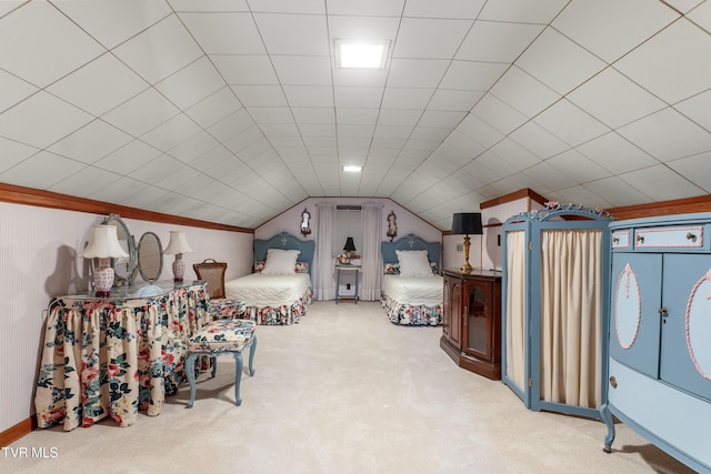 bedroom featuring carpet and vaulted ceiling