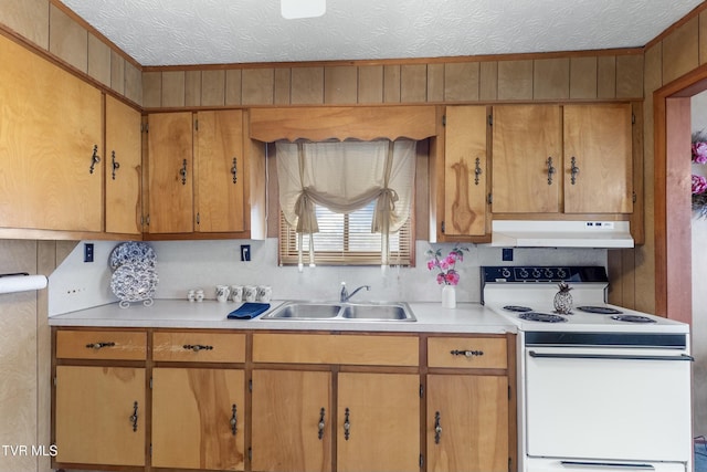 kitchen featuring light countertops, electric stove, under cabinet range hood, and a sink