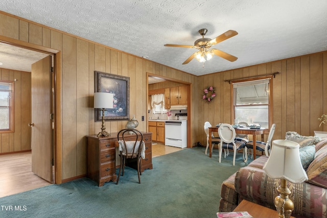 interior space featuring a ceiling fan, light colored carpet, wood walls, and a textured ceiling