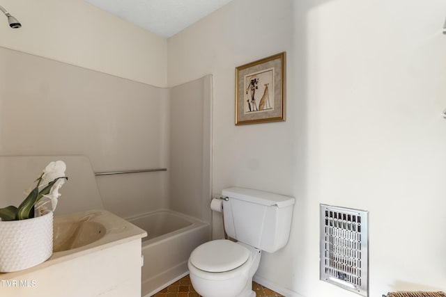 full bath with bathtub / shower combination, toilet, and visible vents