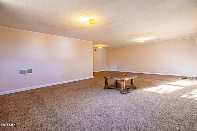 interior space featuring a textured ceiling and carpet flooring