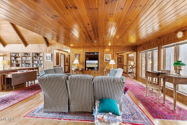 living room featuring hardwood / wood-style flooring, wooden ceiling, beamed ceiling, and wood walls