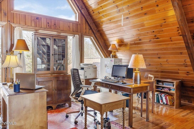 office with hardwood / wood-style floors, wood ceiling, vaulted ceiling, and wood walls