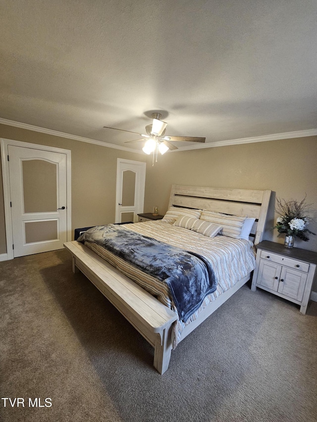 bedroom with crown molding, dark carpet, a textured ceiling, and ceiling fan