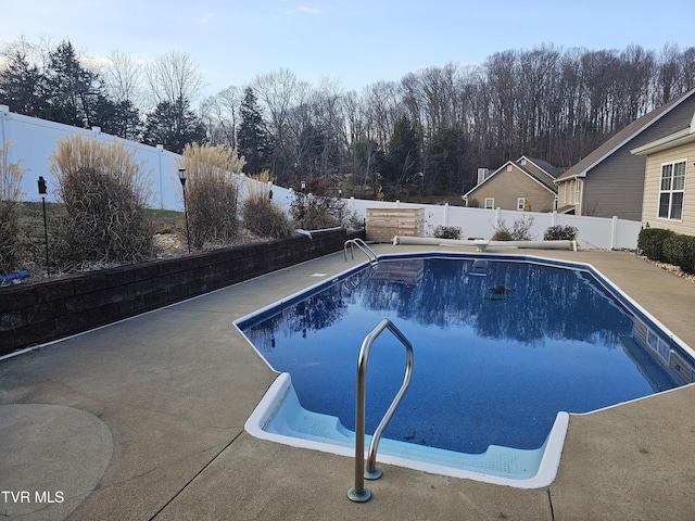 view of pool featuring a patio and a diving board