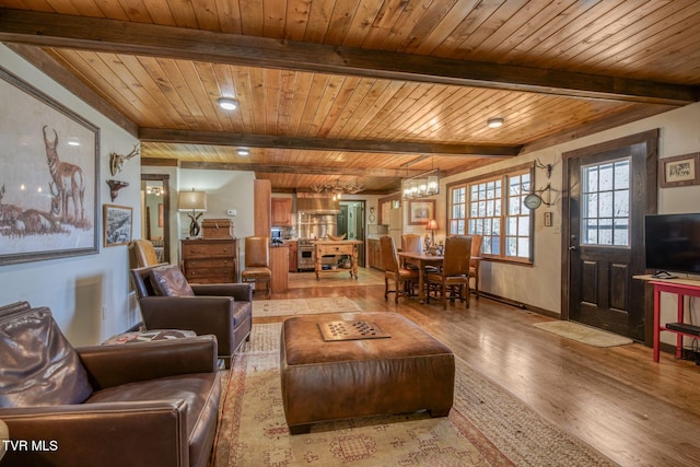 living room featuring wood ceiling, wood finished floors, beam ceiling, and a chandelier