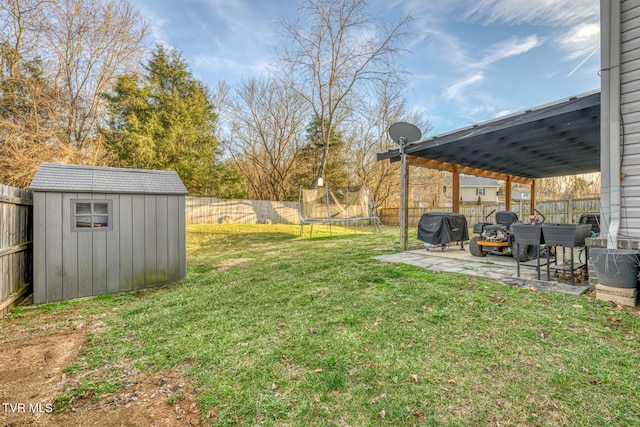 view of yard featuring a trampoline, a patio area, and a storage unit