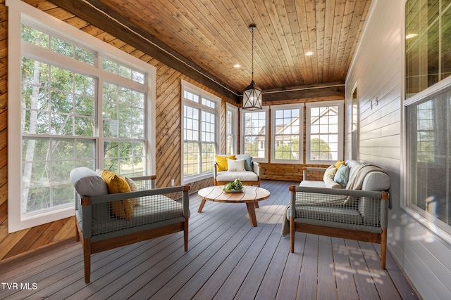 sunroom / solarium featuring wooden ceiling