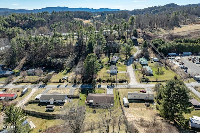 birds eye view of property featuring a mountain view and a view of trees