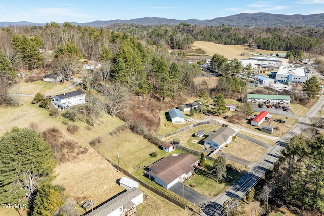 drone / aerial view featuring a mountain view and a view of trees