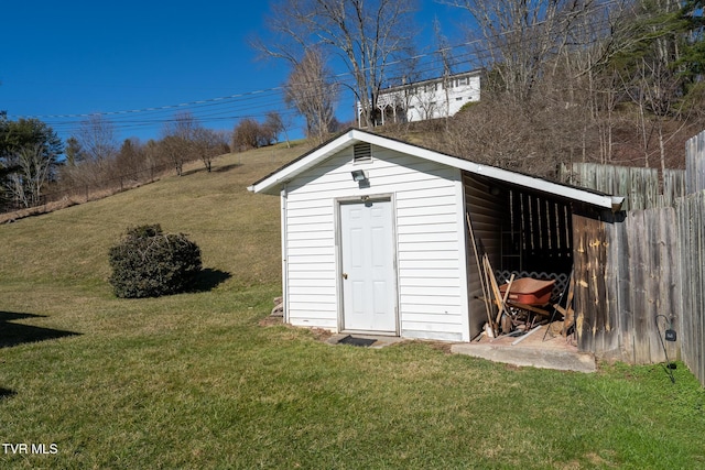 view of shed featuring fence