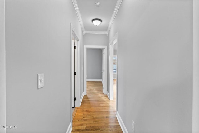 hall with ornamental molding and hardwood / wood-style floors