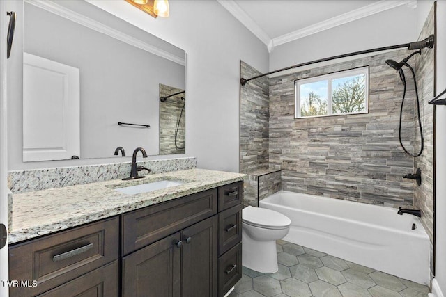 full bathroom featuring toilet, ornamental molding, vanity, tiled shower / bath combo, and tile patterned flooring