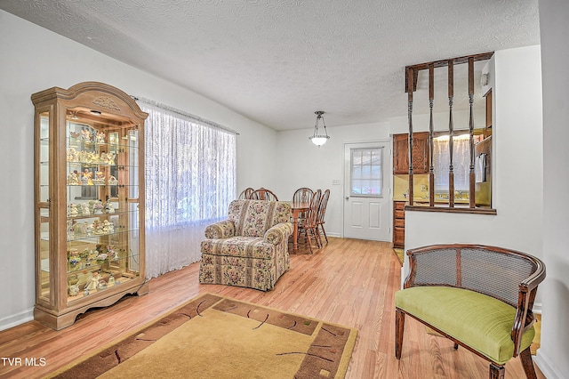 sitting room with hardwood / wood-style floors and a textured ceiling