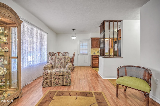 sitting room with a textured ceiling and light hardwood / wood-style floors