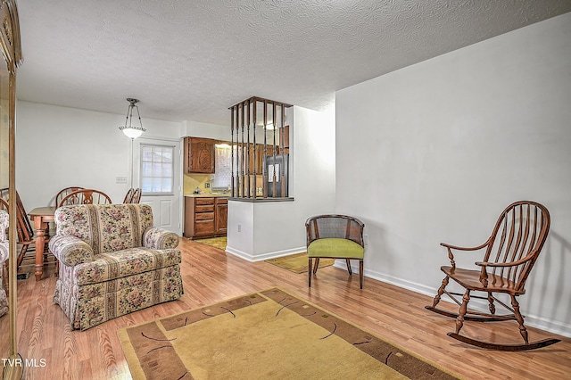 living room featuring light hardwood / wood-style flooring and a textured ceiling