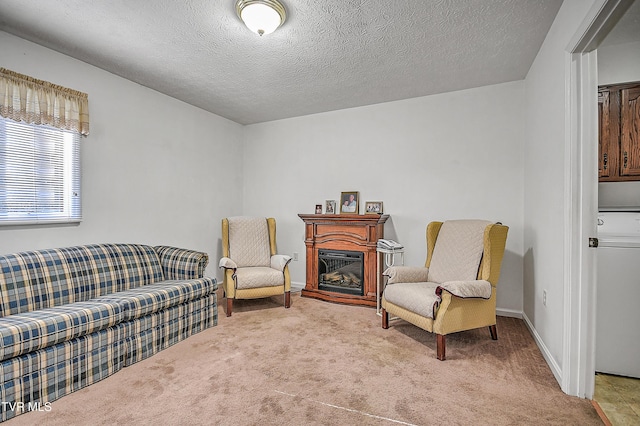 living area with light carpet, washer / dryer, and a textured ceiling