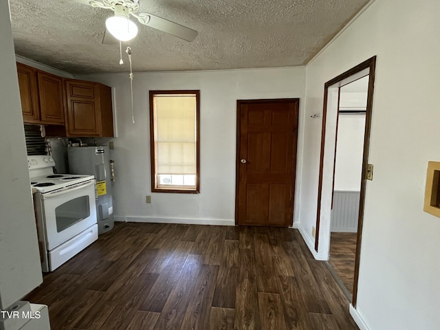 kitchen with dark hardwood / wood-style floors, white electric range oven, ceiling fan, electric water heater, and a textured ceiling