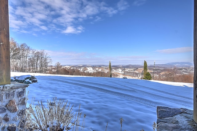 snowy yard with a mountain view