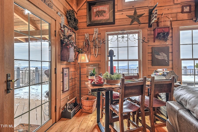 office with hardwood / wood-style flooring and wood walls