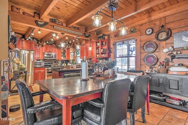 dining area with wooden walls, wooden ceiling, and beamed ceiling