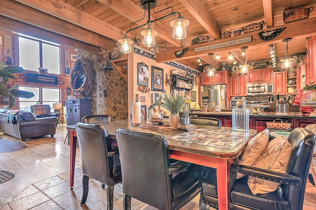 dining space featuring wood ceiling and beamed ceiling