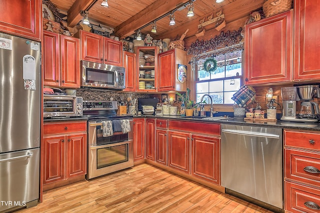 kitchen with sink, appliances with stainless steel finishes, light hardwood / wood-style floors, wooden ceiling, and beamed ceiling