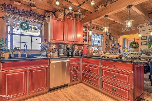 kitchen featuring hanging light fixtures, wood ceiling, stainless steel dishwasher, and kitchen peninsula