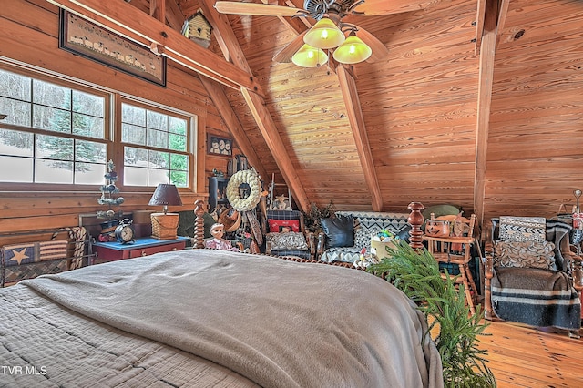 bedroom with vaulted ceiling with beams, hardwood / wood-style flooring, wooden ceiling, and wood walls