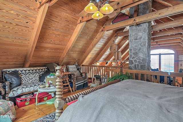 bedroom featuring vaulted ceiling with beams and wood ceiling