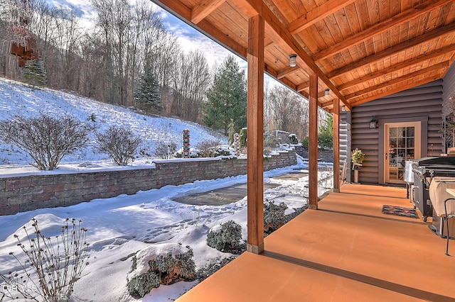 snow covered patio featuring area for grilling