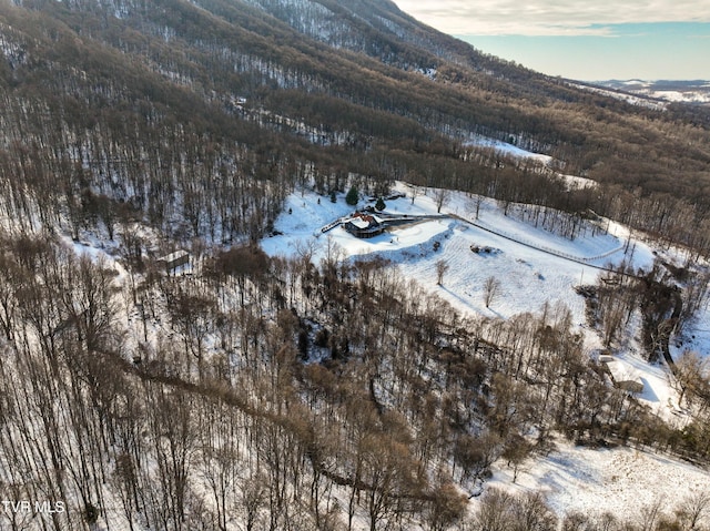 snowy aerial view featuring a mountain view