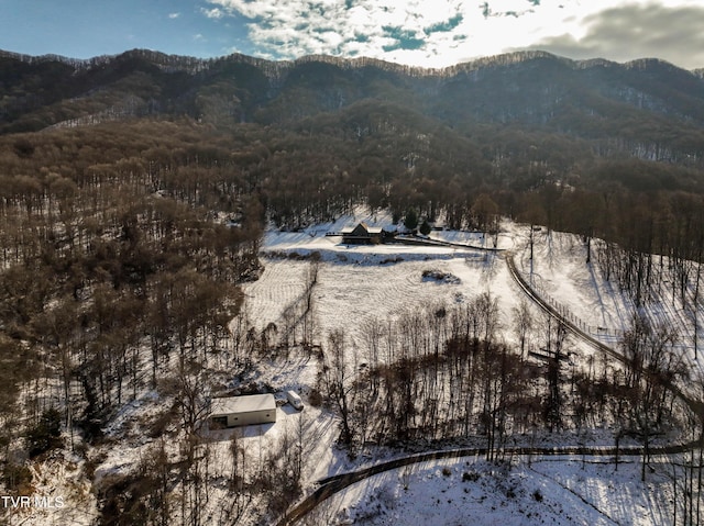 snowy aerial view featuring a mountain view