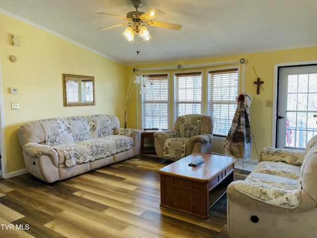 800 Buffalo Ridge Rd, Big Stone Gap, VA 24219 - living room with ornamental molding, vaulted ceiling, wood-type flooring, and ceiling fan