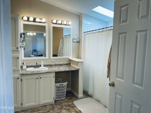 800 Buffalo Ridge Rd, Big Stone Gap, VA 24219 - bathroom with walk in shower, ornamental molding, vanity, and a skylight