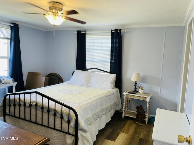 800 Buffalo Ridge Rd, Big Stone Gap, VA 24219 - bedroom with ceiling fan, ornamental molding, dark hardwood / wood-style flooring, and multiple windows