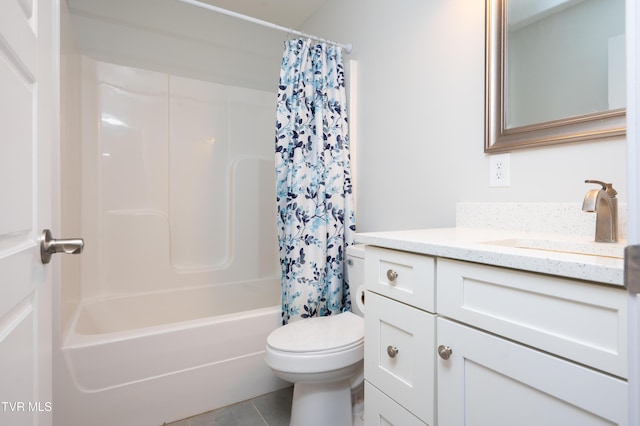 full bathroom with vanity, shower / tub combo, tile patterned flooring, and toilet