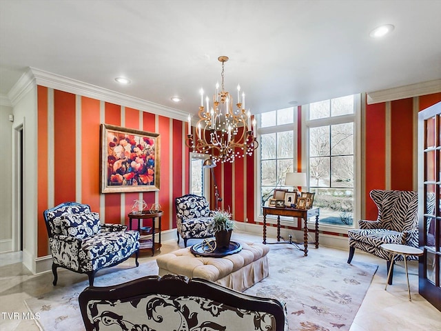 400 Bancroft Chapel Rd, Kingsport, TN 37660 - living area featuring crown molding, a chandelier, baseboards, and recessed lighting