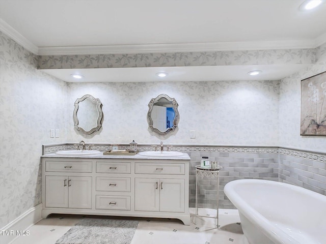 400 Bancroft Chapel Rd, Kingsport, TN 37660 - full bathroom with crown molding, wallpapered walls, a freestanding bath, double vanity, and recessed lighting