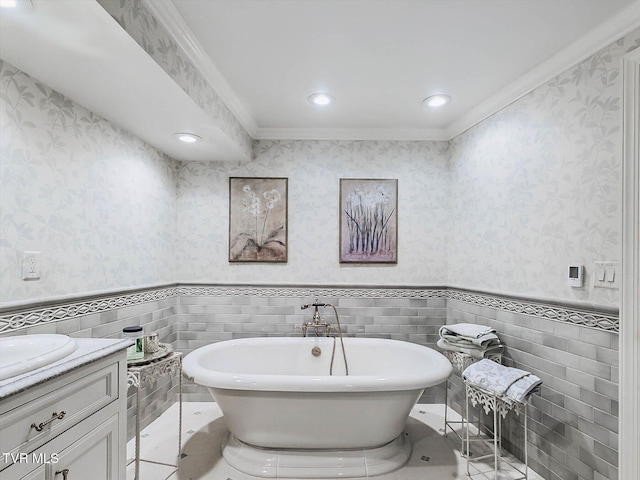 400 Bancroft Chapel Rd, Kingsport, TN 37660 - bathroom with a freestanding bath, crown molding, wainscoting, wallpapered walls, and recessed lighting