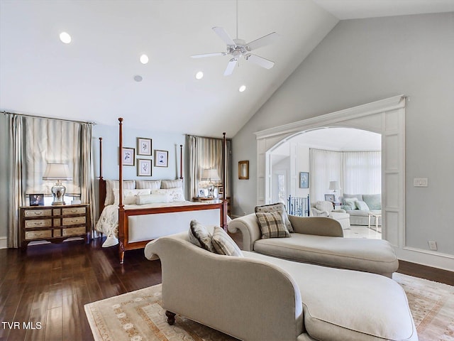 400 Bancroft Chapel Rd, Kingsport, TN 37660 - bedroom featuring hardwood / wood-style flooring, high vaulted ceiling, arched walkways, and recessed lighting