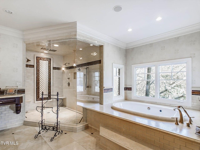 400 Bancroft Chapel Rd, Kingsport, TN 37660 - full bathroom featuring tiled shower, a bath, recessed lighting, ornamental molding, and tile patterned flooring
