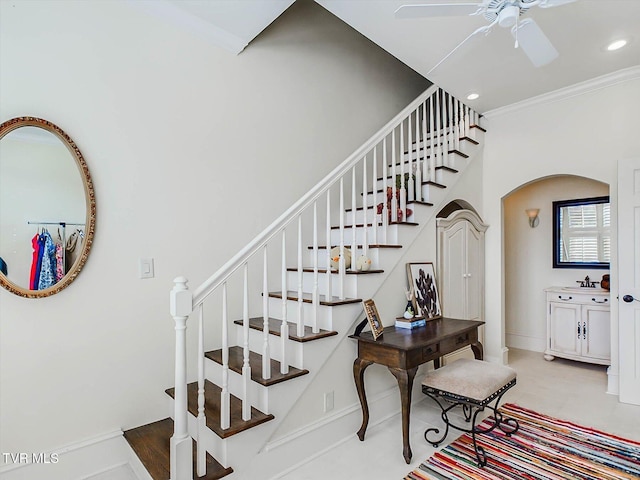 400 Bancroft Chapel Rd, Kingsport, TN 37660 - stairs with ceiling fan, arched walkways, recessed lighting, baseboards, and crown molding