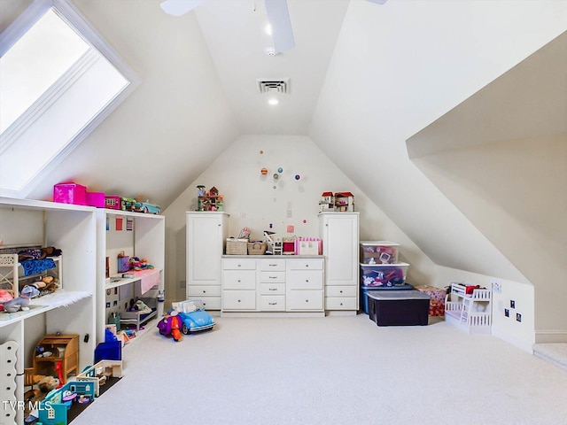 400 Bancroft Chapel Rd, Kingsport, TN 37660 - recreation room featuring lofted ceiling, carpet flooring, a ceiling fan, and a skylight