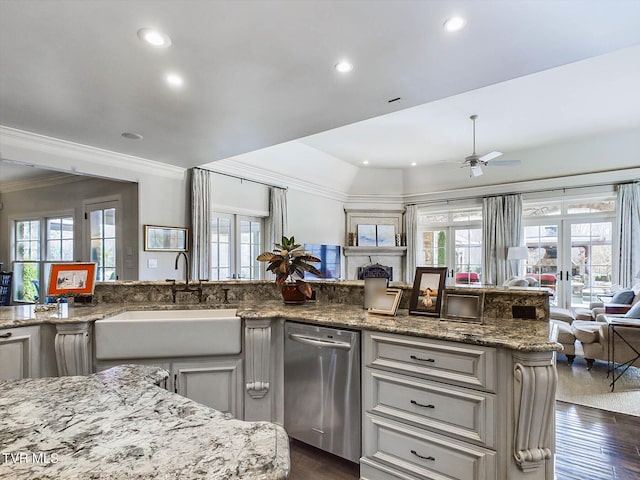 400 Bancroft Chapel Rd, Kingsport, TN 37660 - kitchen with stainless steel dishwasher, open floor plan, a sink, a ceiling fan, and dark wood-type flooring
