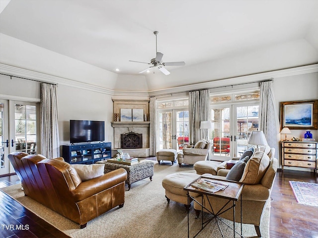 400 Bancroft Chapel Rd, Kingsport, TN 37660 - living area featuring french doors, dark wood-type flooring, plenty of natural light, ceiling fan, and vaulted ceiling