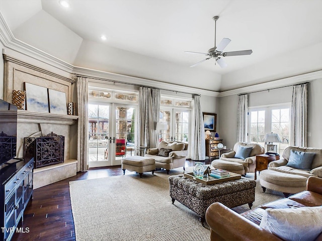 400 Bancroft Chapel Rd, Kingsport, TN 37660 - living area featuring ceiling fan, dark wood-style floors, recessed lighting, high vaulted ceiling, and a high end fireplace