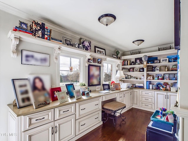 400 Bancroft Chapel Rd, Kingsport, TN 37660 - home office with built in desk, dark wood-type flooring, and crown molding